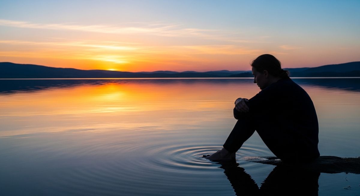 Peaceful reflection by a lake at sunset.