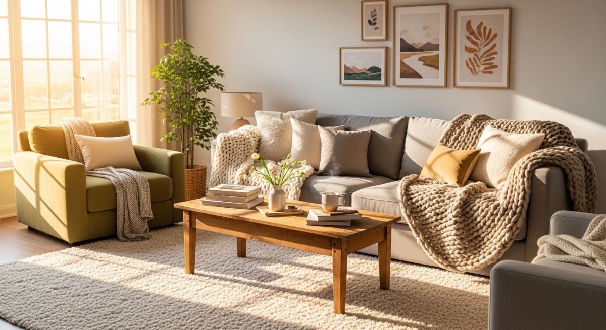 A sunlit and cozy living room sanctuary.