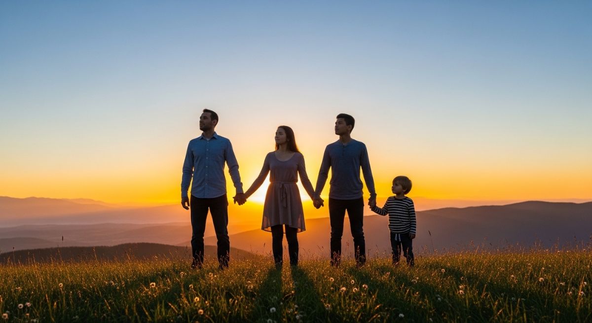 A family looking forward toward a bright horizon together.