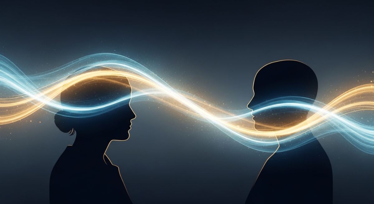 Abstract visualization of empathetic communication flowing between two people.