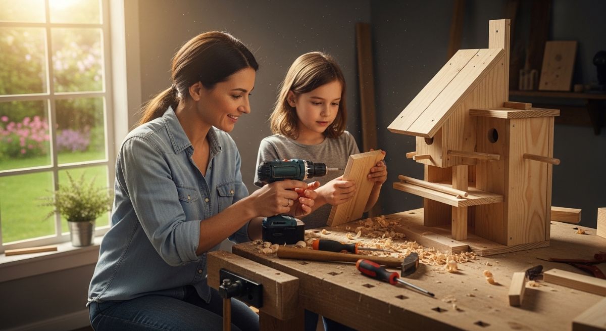 A parent and child collaborating on a project with patience.