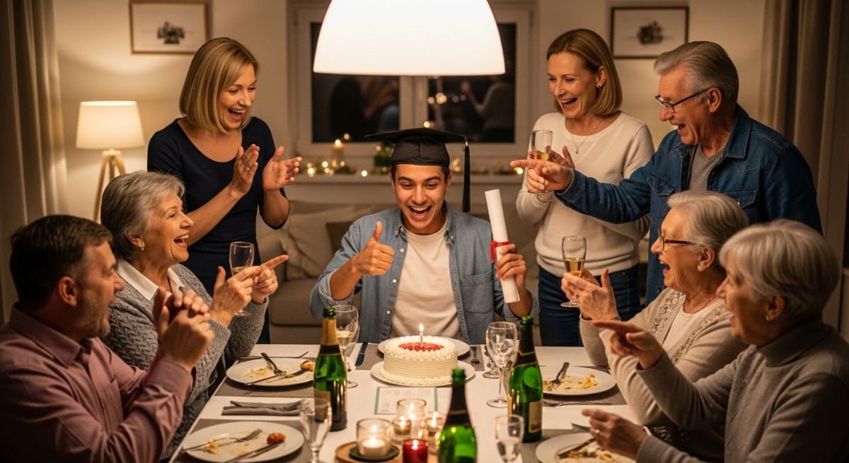 A joyful family celebration at a dinner table.