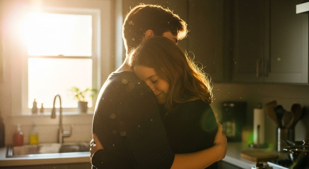 Two people reconciling with a hug after a difficult discussion.