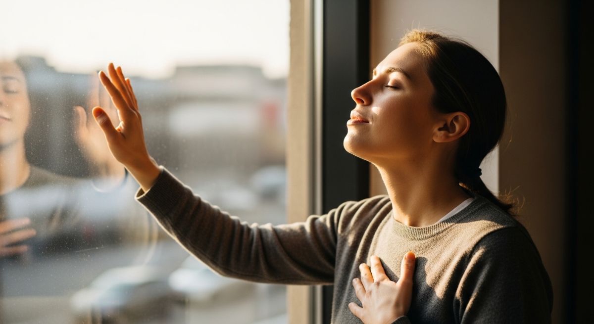 A person taking a deep breath by a window.