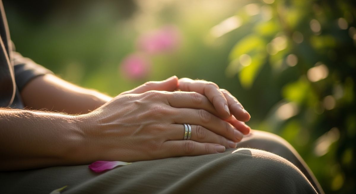 Close-up of calm hands resting in a lap.