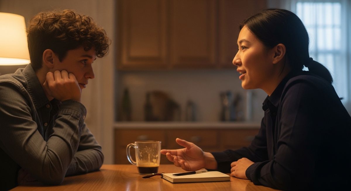 Two people talking empathetically at a kitchen table.