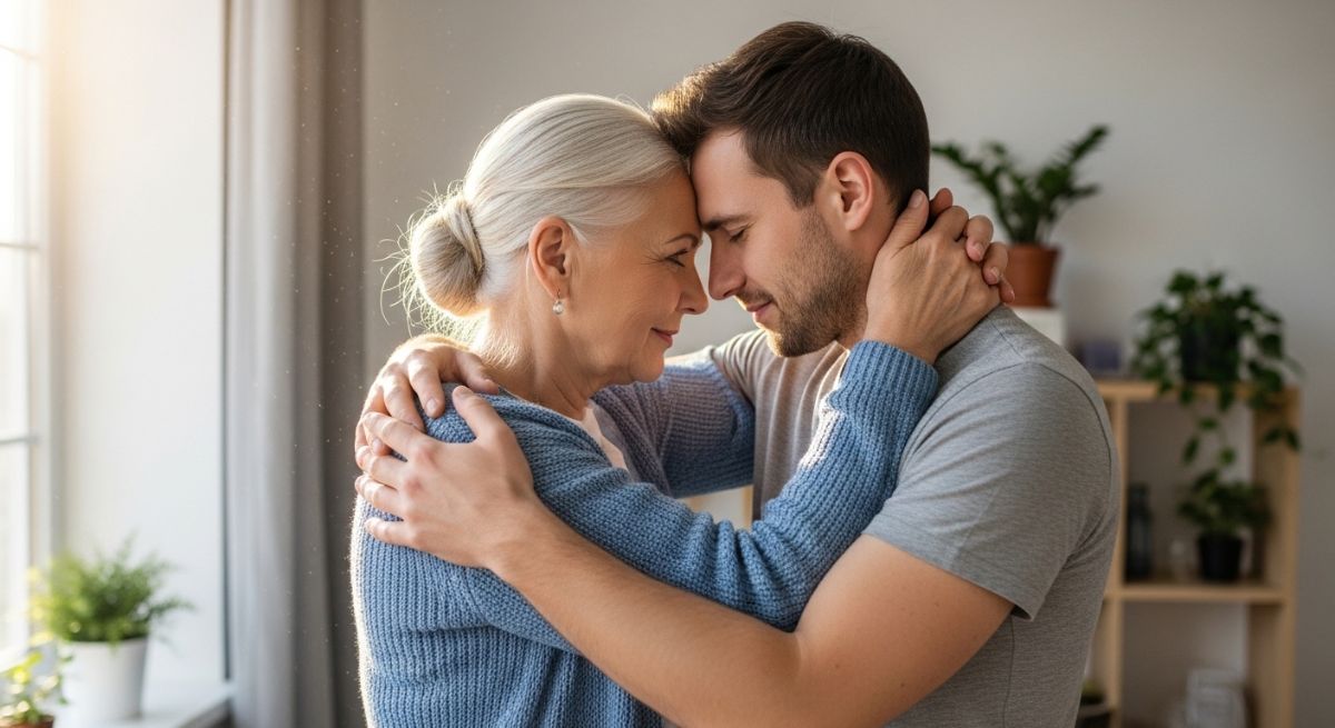 Two family members sharing a warm hug.