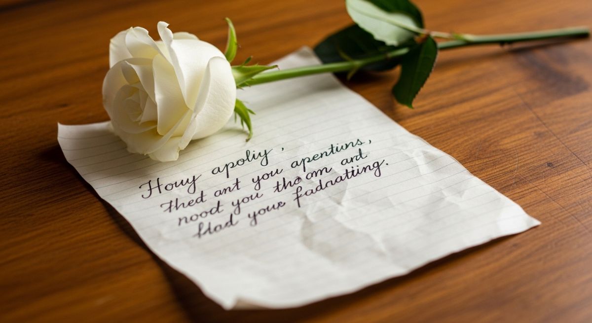An apology note next to a white rose.