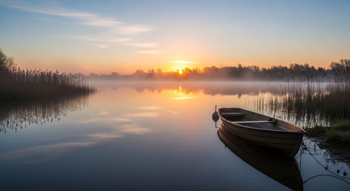 A peaceful lake at sunrise.
