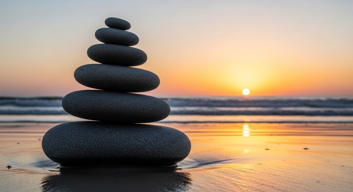 Balanced zen stones on a beach.