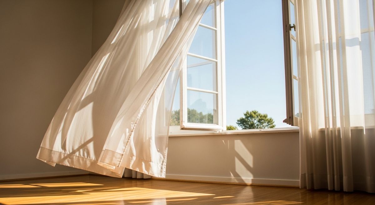 Open window with sheer curtains in the sunlight.