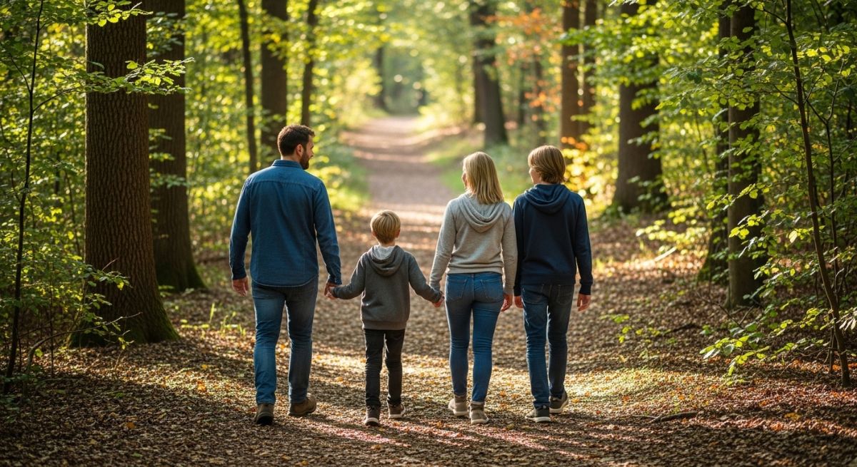 Family walking together on a nature trail.