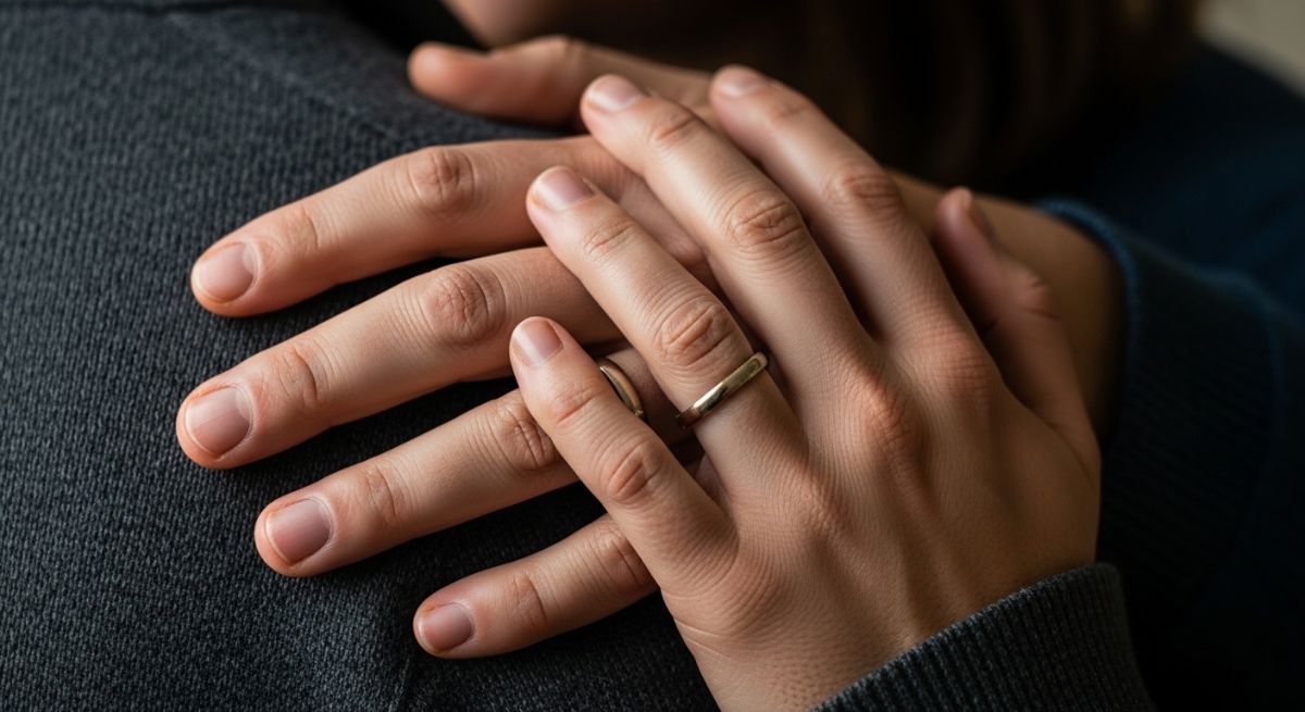 A comforting hand resting on a partner's shoulder.