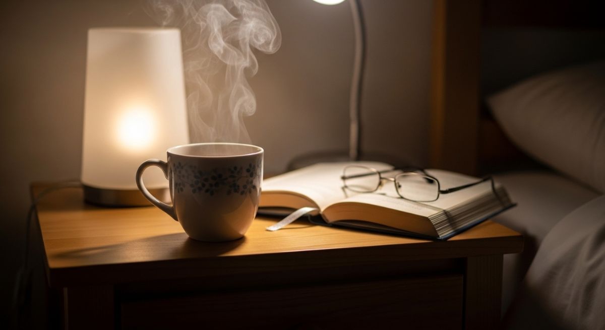 A cup of hot tea resting on a wooden nightstand.