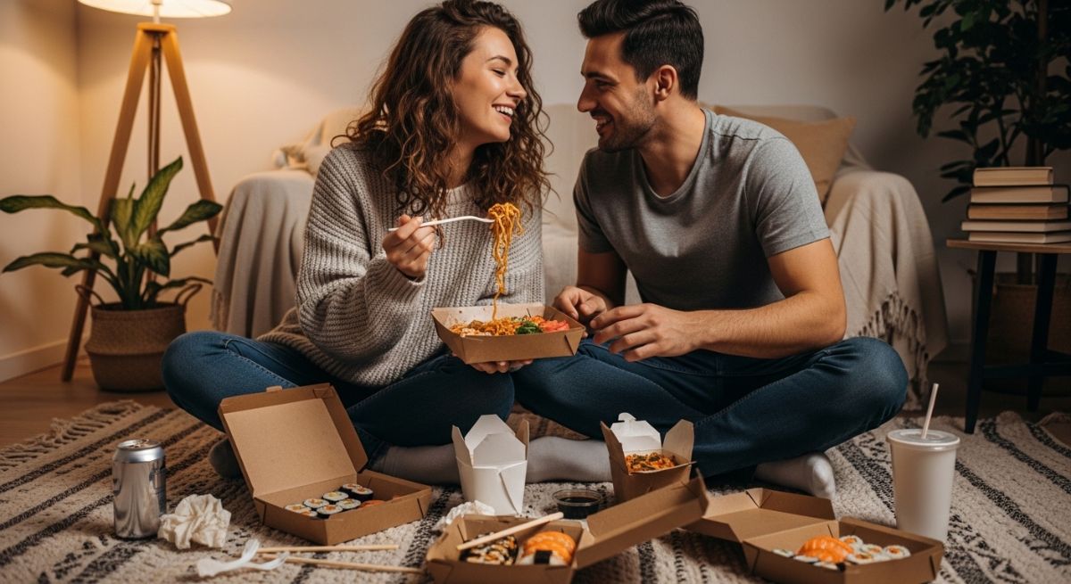 A couple enjoying takeout food on the living room floor.