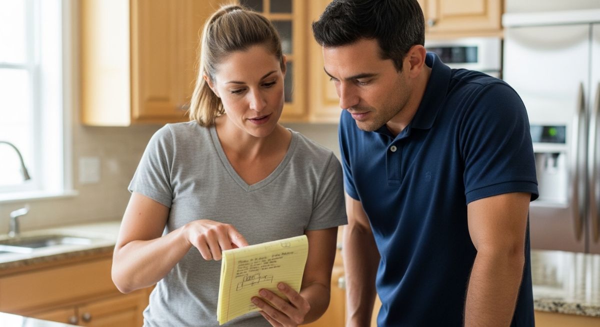 Two people looking at a notepad together in a kitchen.