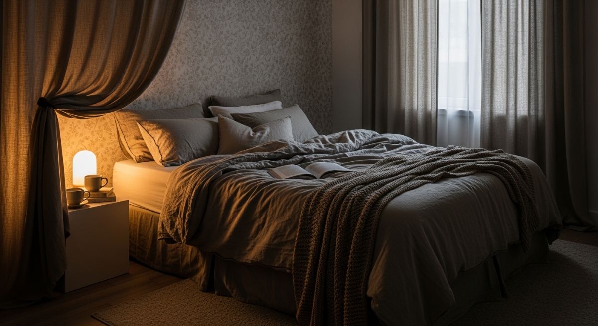 A cozy, dimly lit bedroom inviting deep rest.
