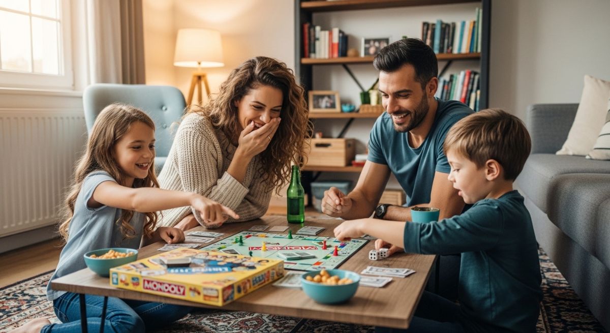 People laughing while playing a board game together.