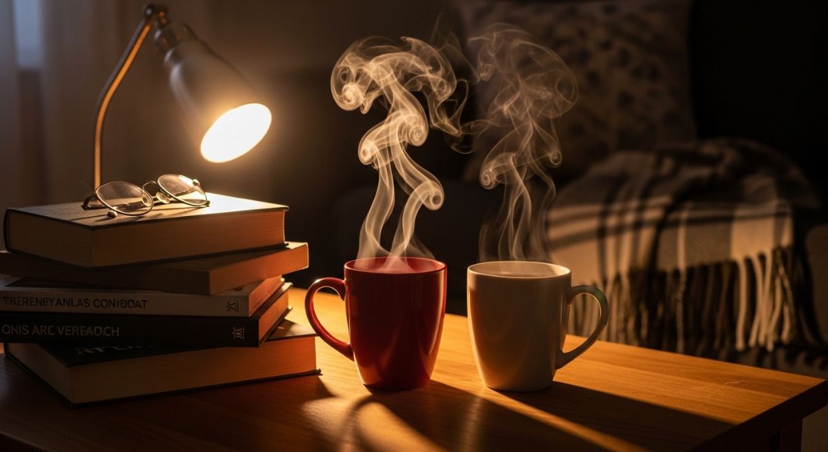 Two mugs of tea in a calm evening setting.