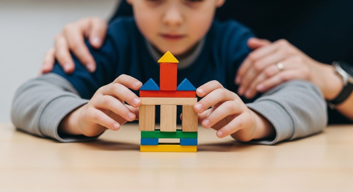 A child focusing on a task with supportive parental presence.