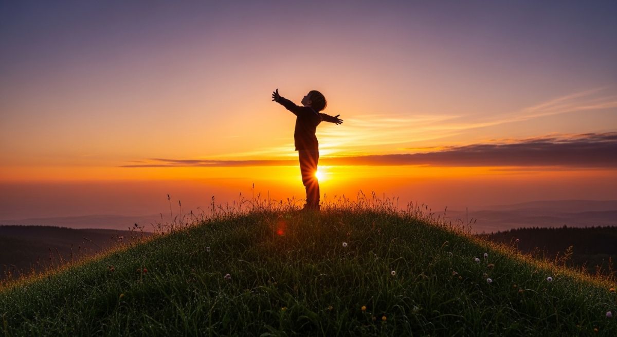 A child looking confident and inspired at sunrise.
