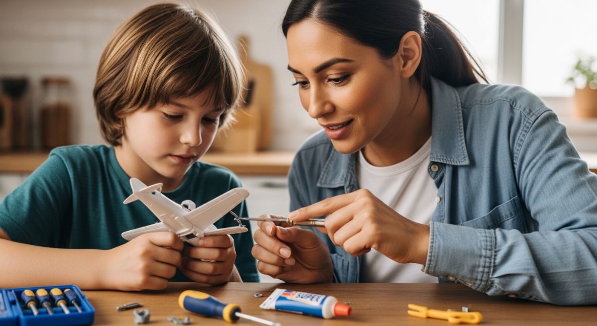 Parent and child calmly solving a problem together.