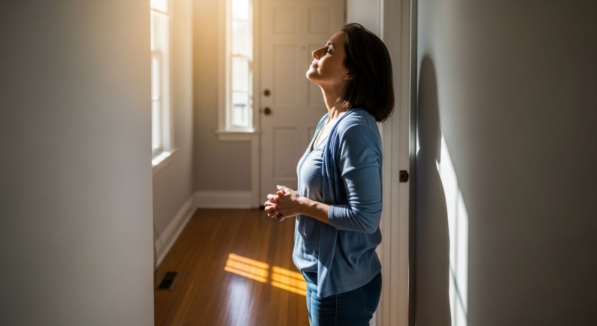 A parent taking a deep breath in a sunlit hallway.