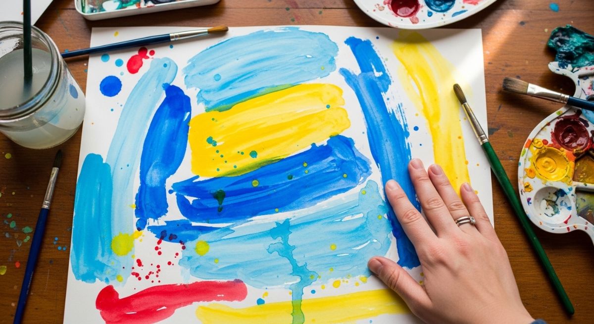 A messy watercolor painting and a parent's hand.