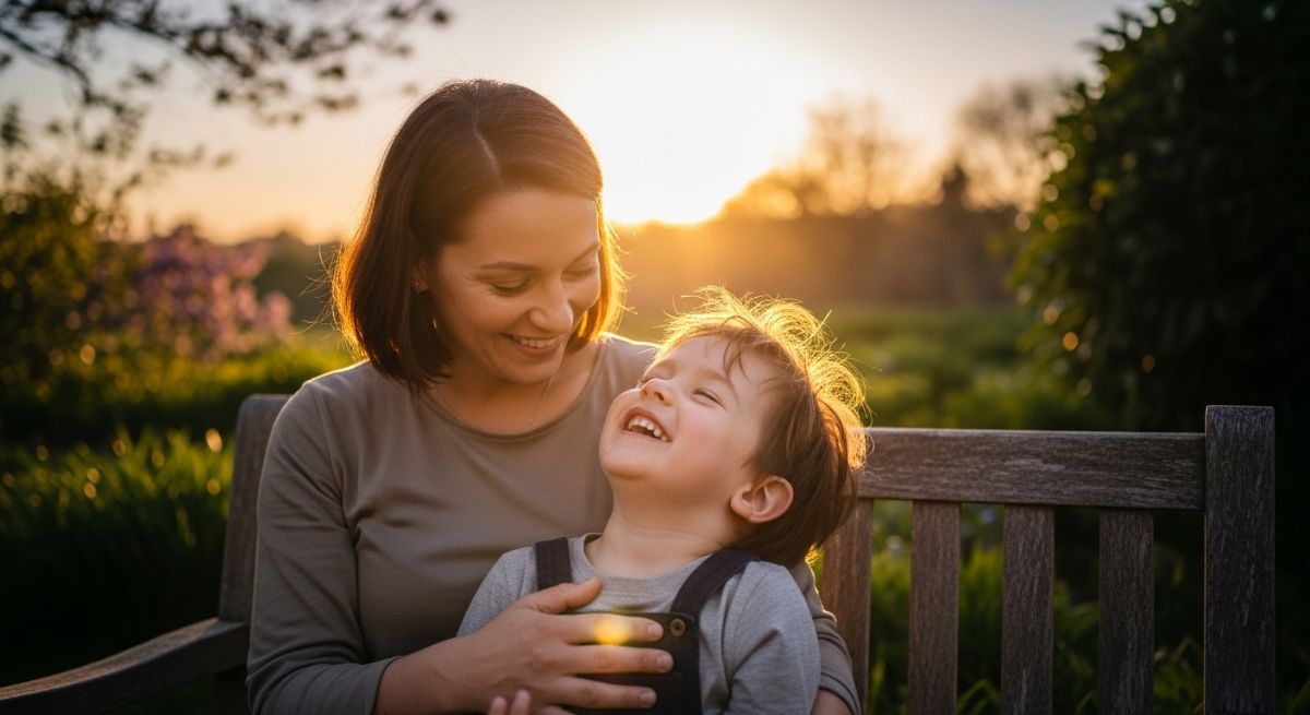 Parent and child laughing together on a bench.