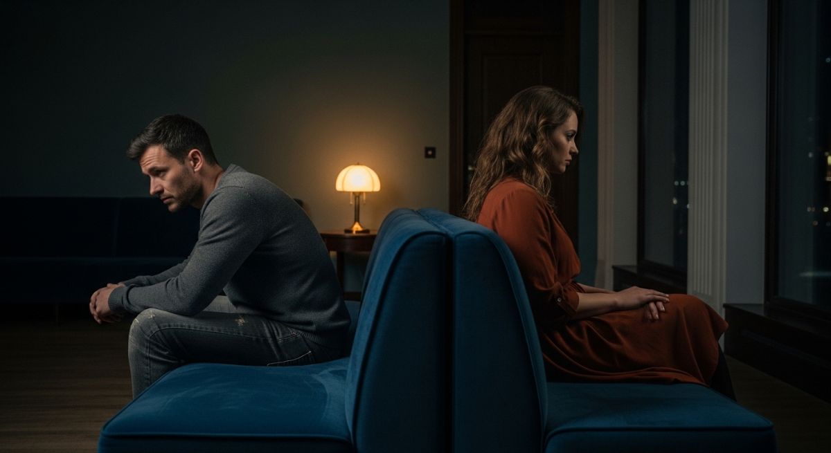 A couple sitting apart on a sofa representing emotional distance.