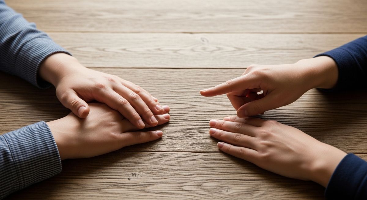 Hands on a wooden table reaching out for connection.