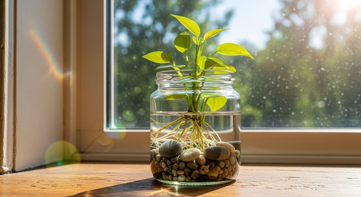 A small plant growing in a jar on a sunny windowsill.