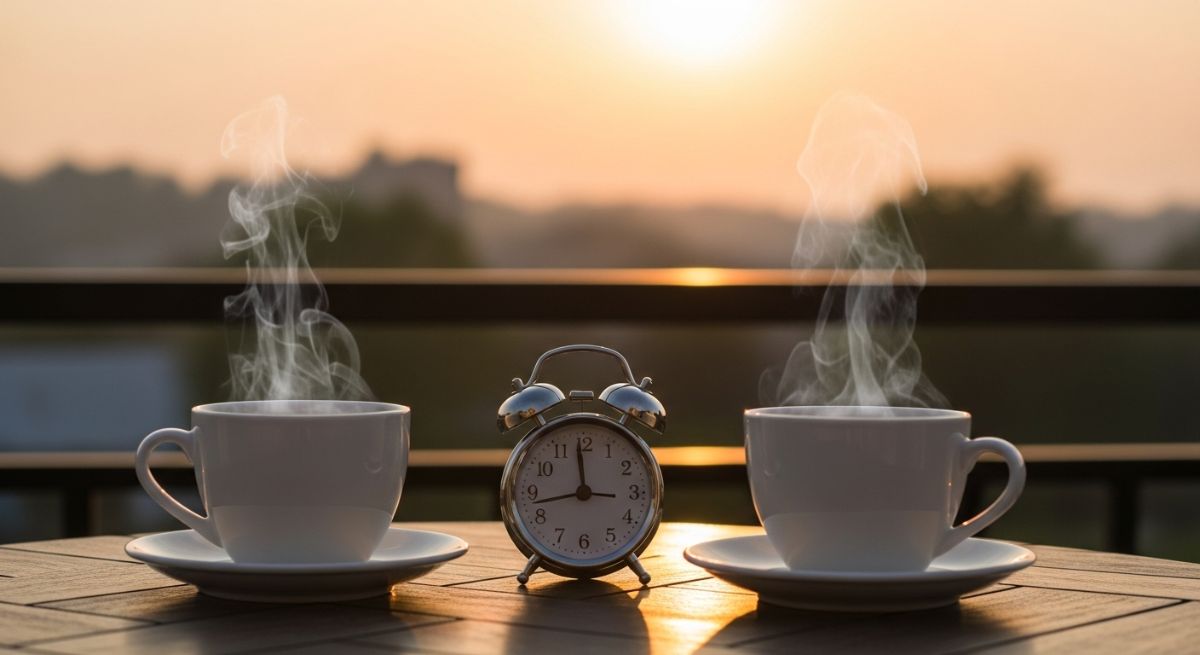 Coffee cups and a clock on a table during sunset.