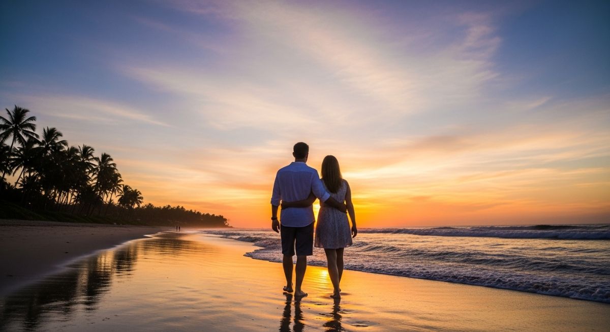 A couple walking closely together on a beach at nightfall.