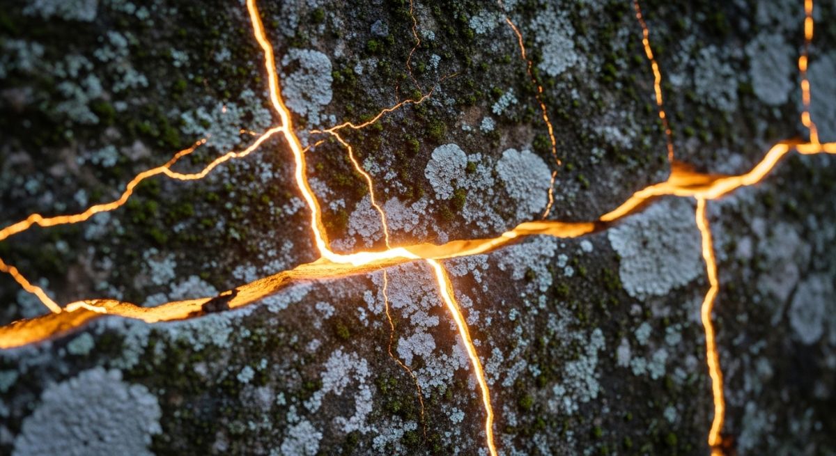 Light leaking through cracks in a stone wall.