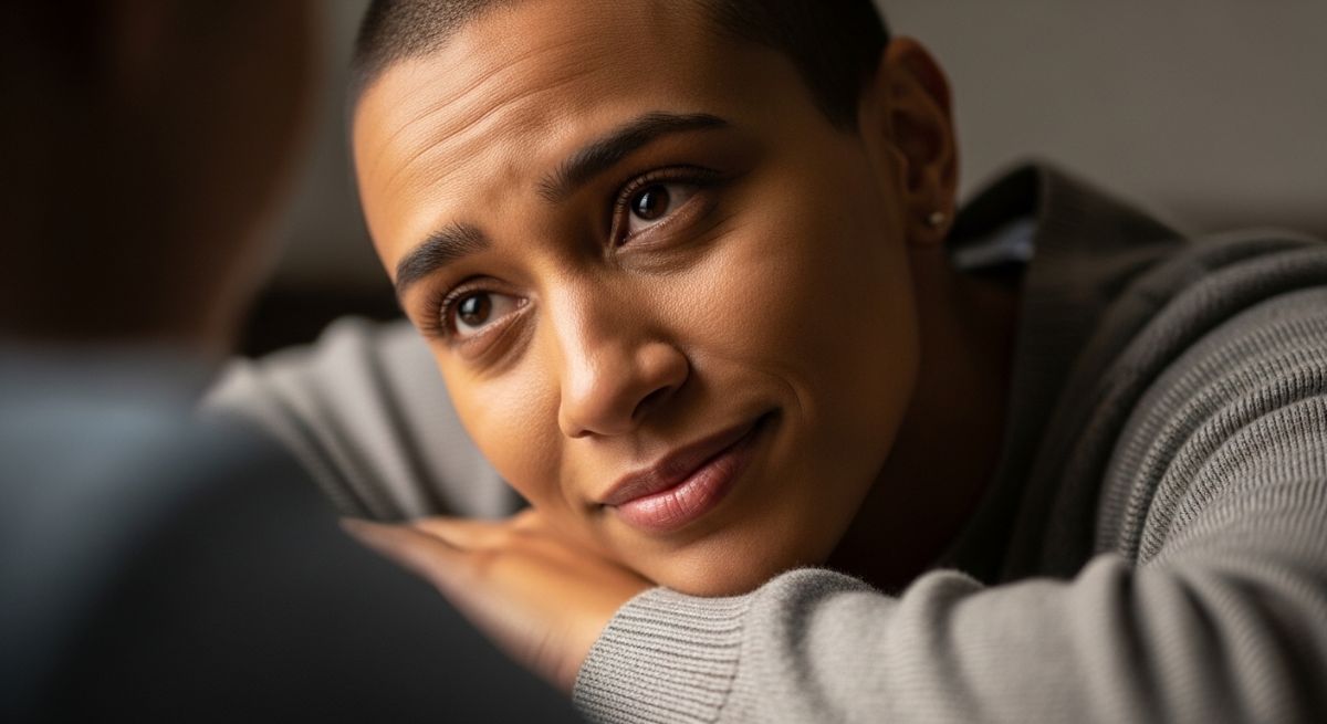 A person listening intently with an empathetic expression.