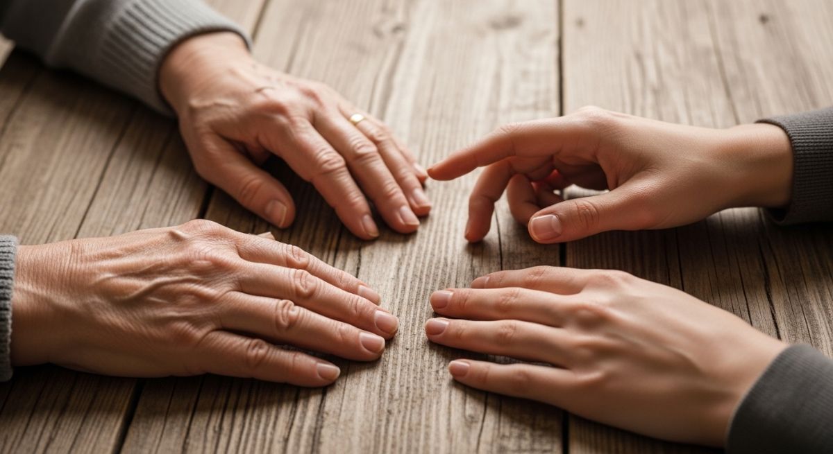 Hands on a wooden table reaching out for connection.