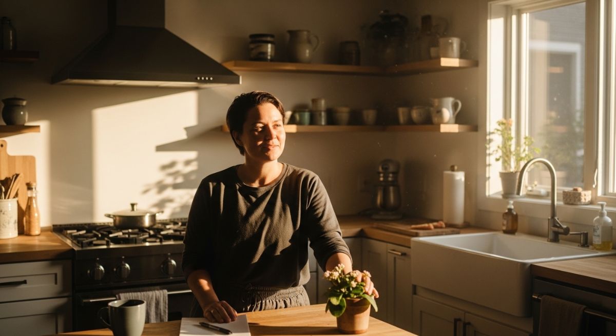 A person talking calmly in a bright kitchen.