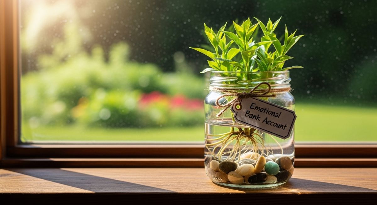 A small plant growing in a glass jar on a windowsill.