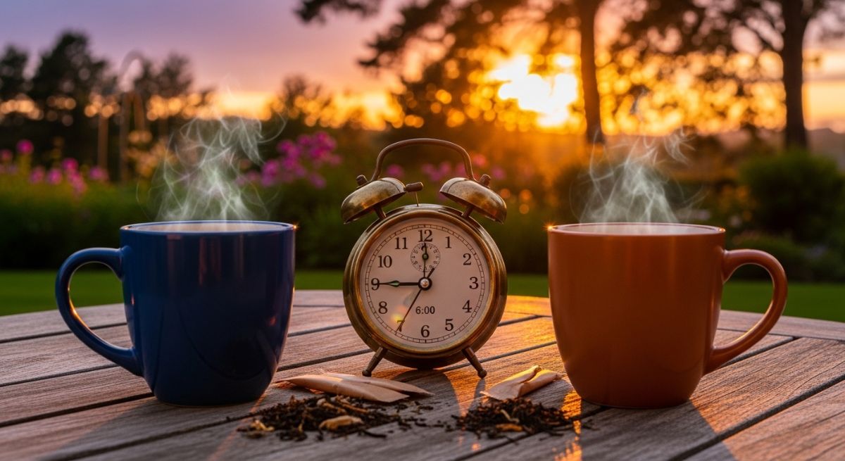 Two mugs of tea and a clock on a table at sunset.