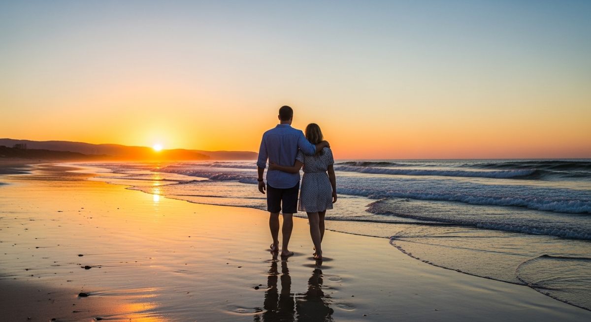 A couple walking closely together on a beach at dusk.