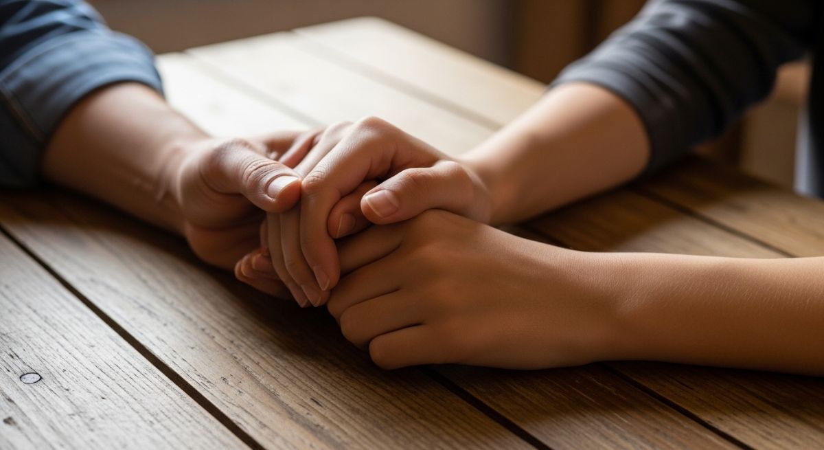 A supportive hand squeeze between parent and child.
