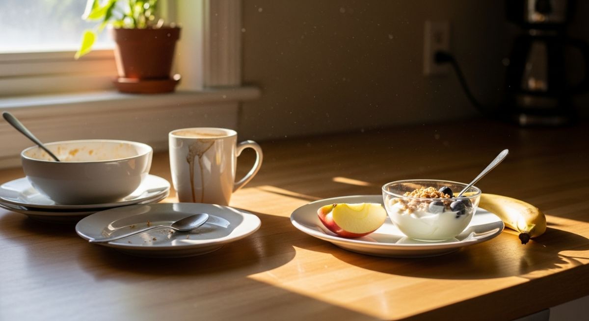 A relaxed kitchen scene showing lowered household expectations.