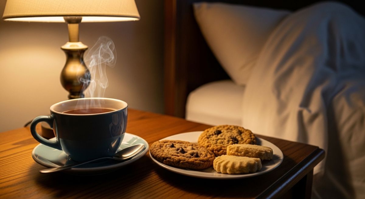 A comforting cup of tea on a bedside table.