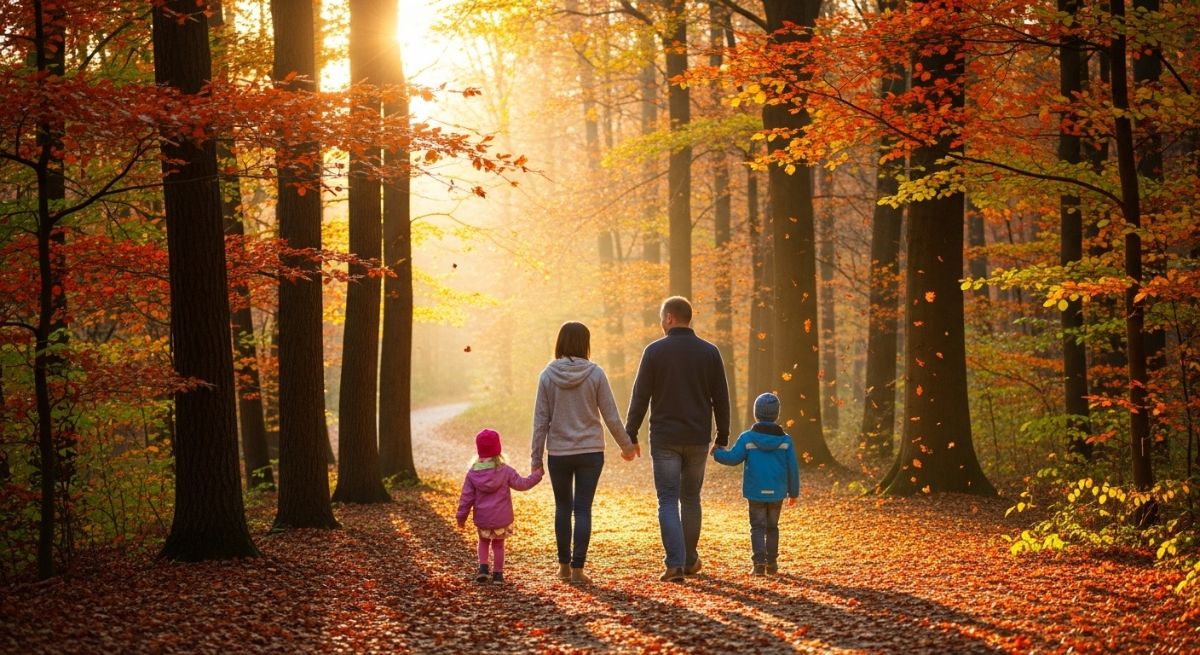 A family walking slowly through a quiet forest.