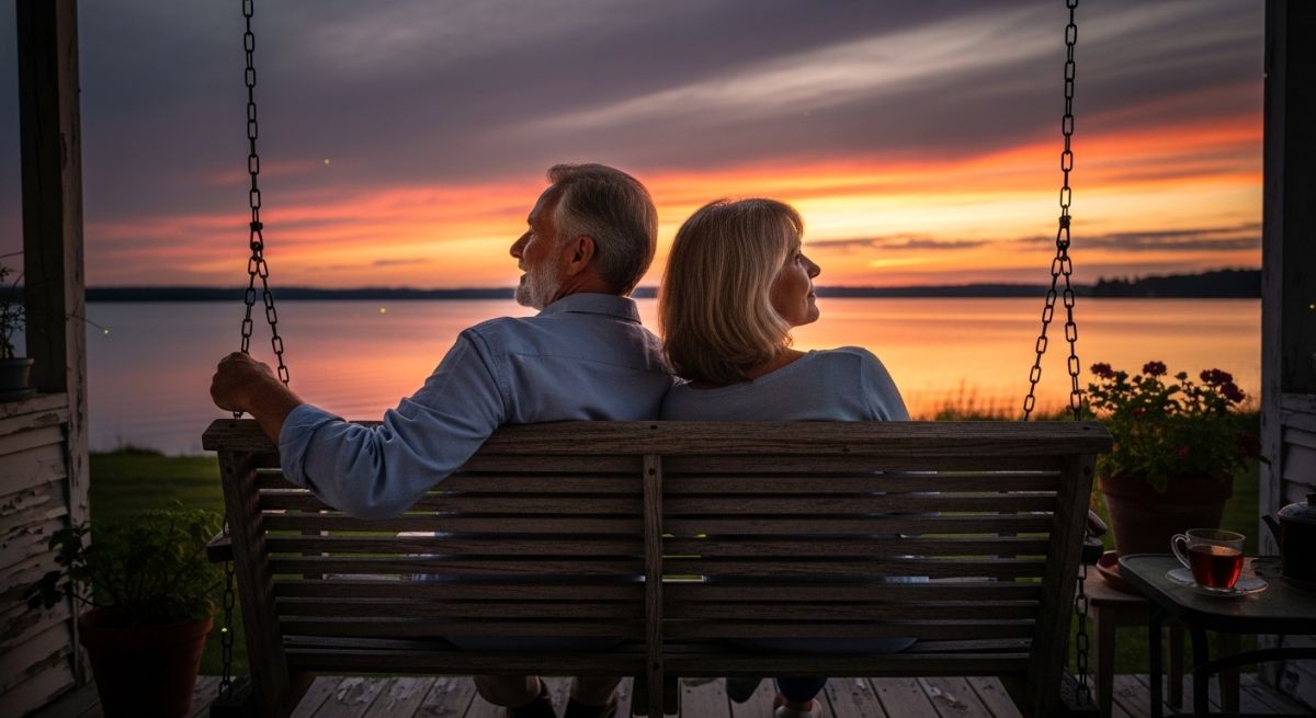 A couple sitting together peacefully at sunset.