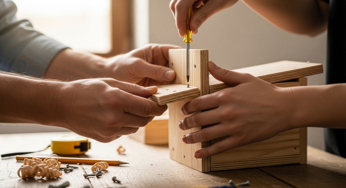 Hands working together on a small project.