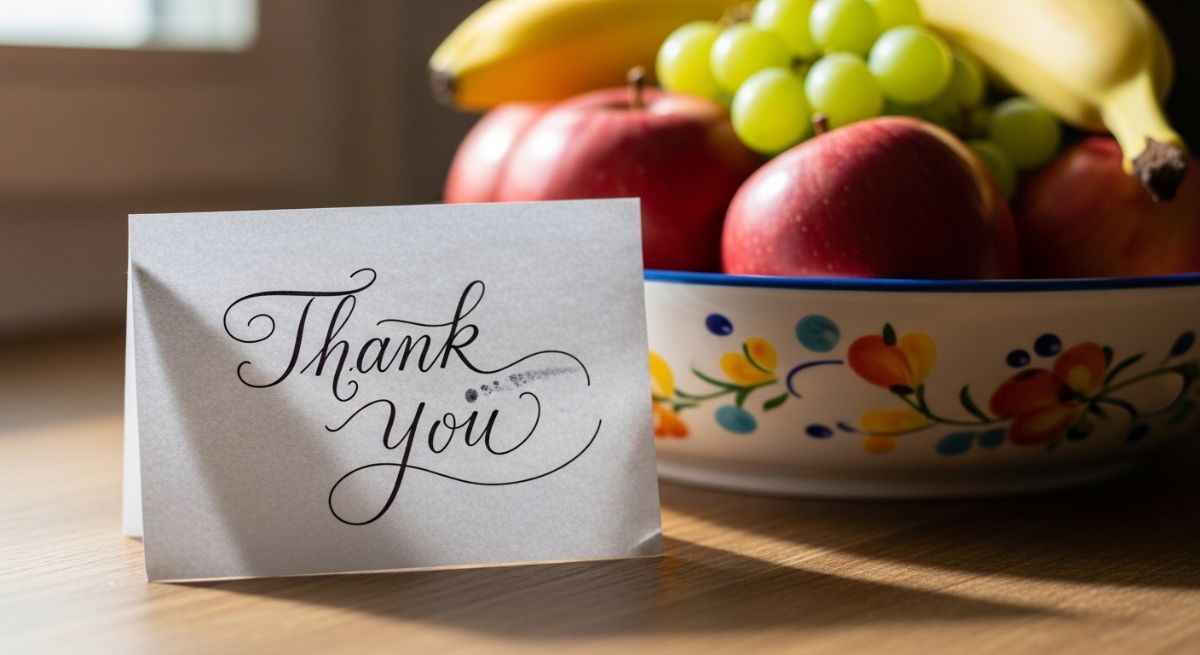 A thank you note on a kitchen counter.