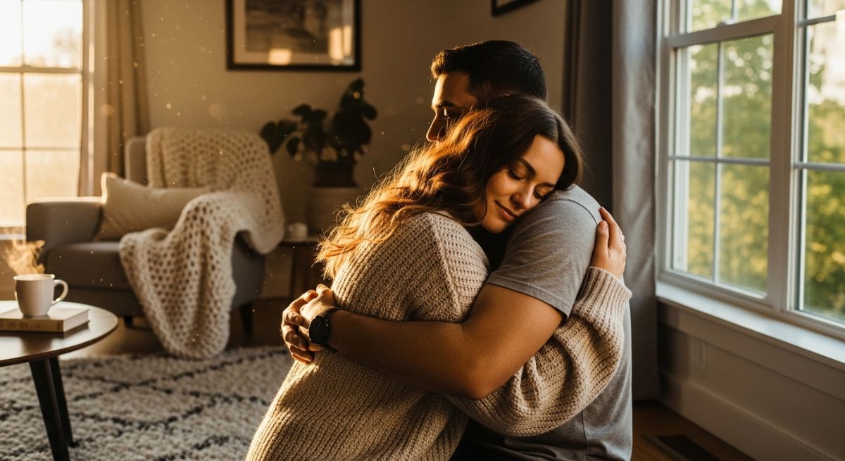 A couple sharing a warm hug in a sunlit room.