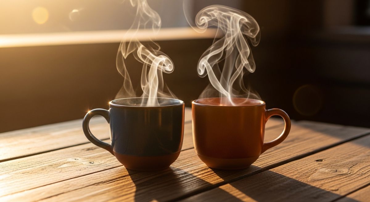 Two coffee mugs on a table in golden light.